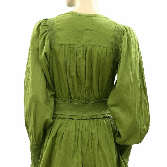 Happyxnature Kate Hudson Smocked Green Mini Dress Solid Cotton Ruffle L - Picture 4 of 4